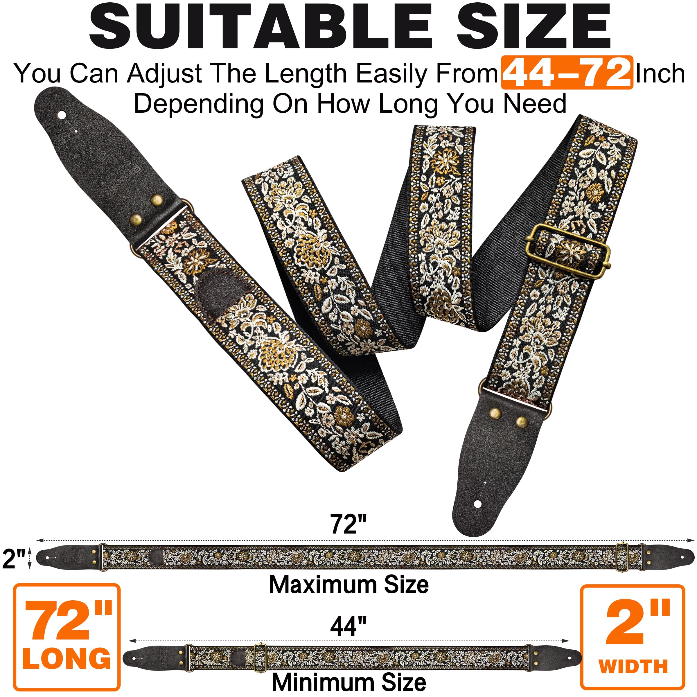 72 Inch Guitar Strap, Vintage Brown Floral Jacquard Woven Adjustable Strap with Premium Genuine Cowhide Leather Ends, Strap Locks & Picks for Acoustic Electric Bass (Vintage brown jacquard)