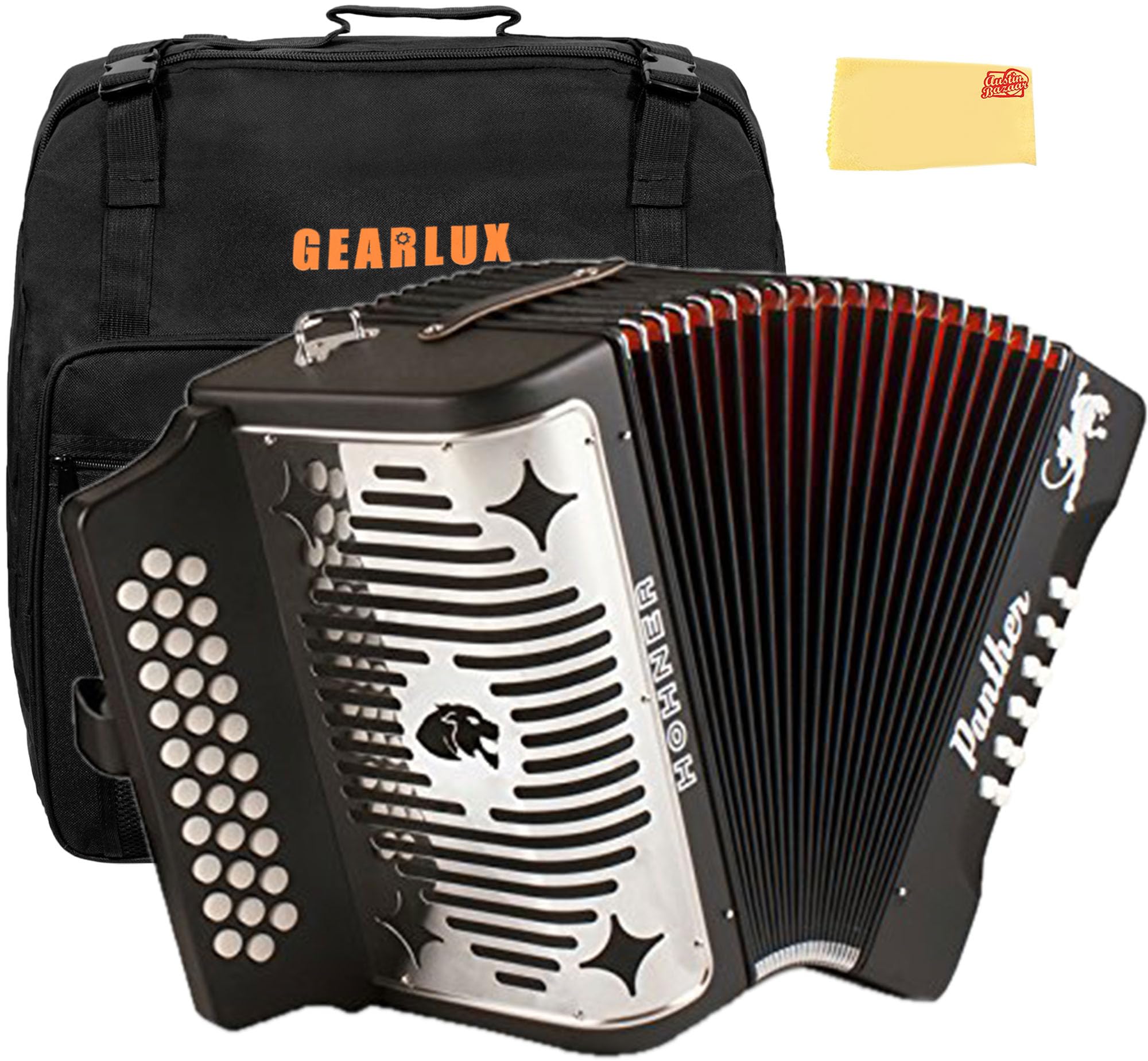 Hohner Panther Diatonic Accordion – Keys F/Bb/Eb Bundle with Gig Bag and Austin Bazaar Polishing Cloth