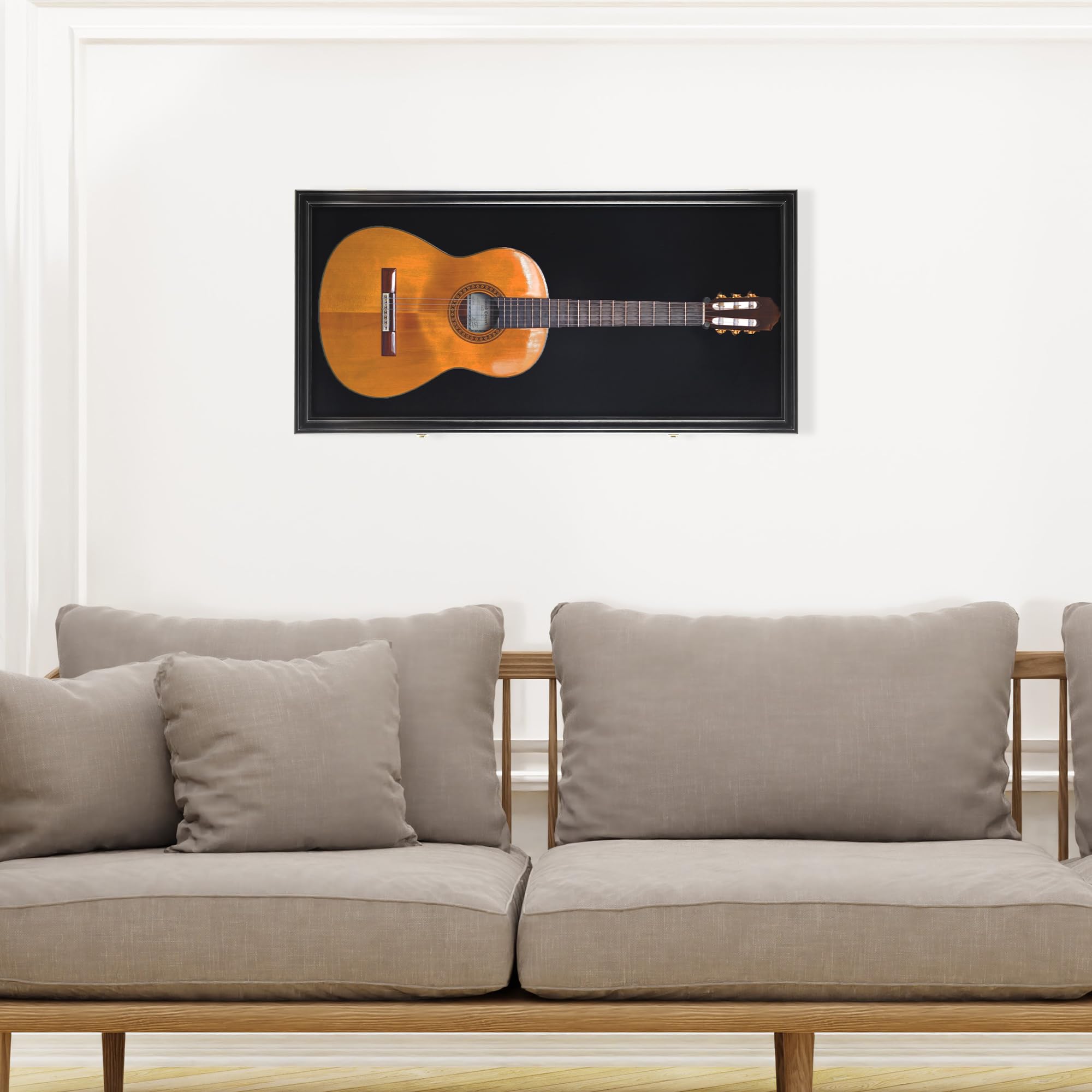 DisplayGifts 45″ Acoustic Guitar Display Case Cabinet Shadow Box with Guitar Hanger Stand, Lockable 98% UV Protection Black Felt Interior Black Finish Frame