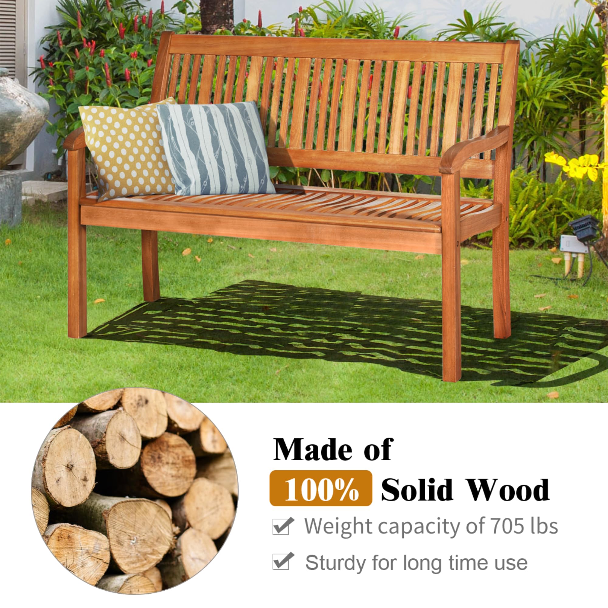 Tangkula Outdoor Wood Garden Bench, 50″ W Solid Wood Patio Park Bench with Dense Slatted Backrest & Seat, Curved Armrest, Large Wooden Loveseat Bench for Deck, Porch, Poolside, Yard & Balcony
