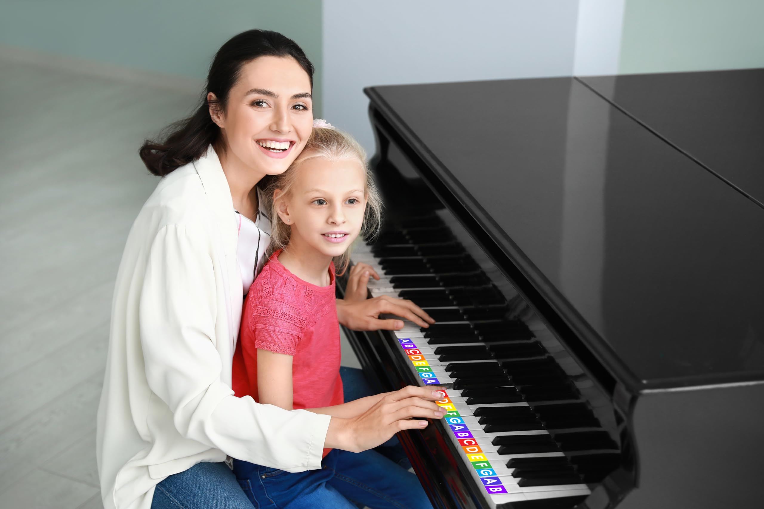 QMG Rainbow Color Piano & Keyboard Note Stickers – Removable, No Residue – Color-Coded Note Labels – Fits 49/61/76/88-Key Keyboards