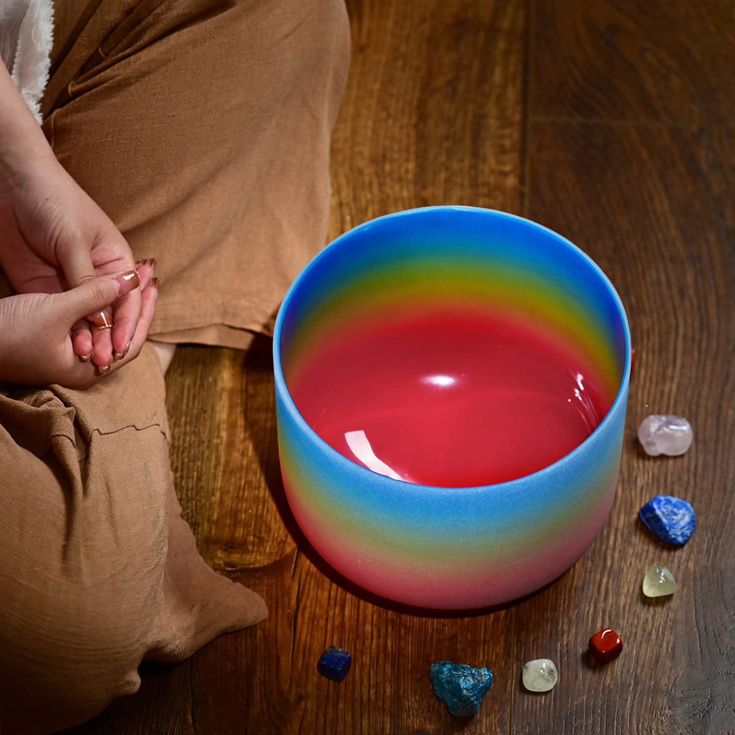 CVNC 8 Inch Rainbow Color Frosted Quartz Crystal Singing Bowl 440HZ G Note