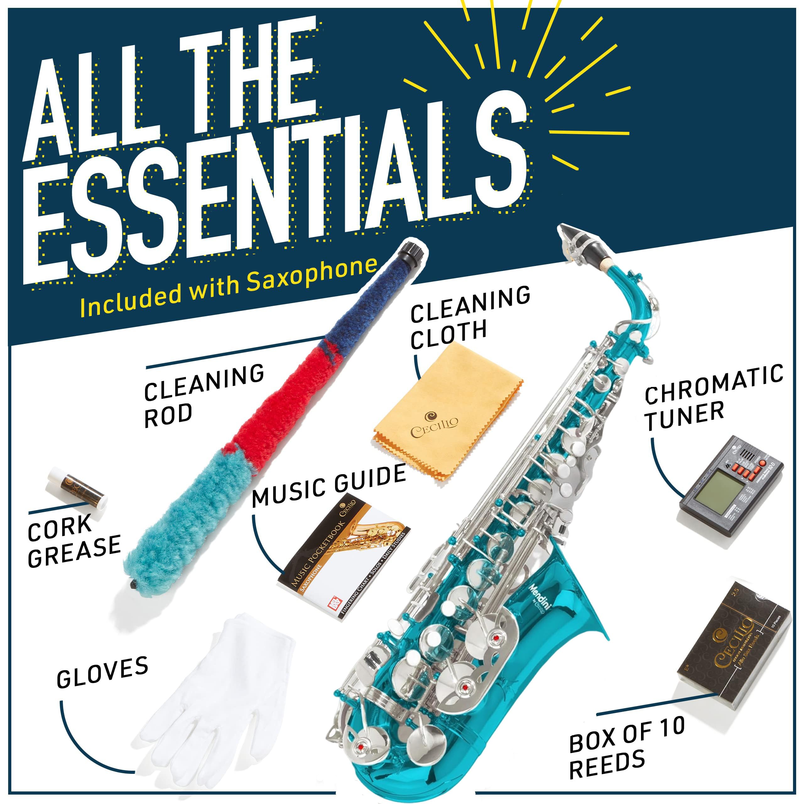 Mendini By Cecilio Alto Saxophone for Beginners, E Flat Alto Saxophone for Students Musicians with Tuner, Mouthpiece, Case, 10 Reeds, Grease, Cleaning Cloth & Rod, Gloves, Strap, Lesson Book (Blue)