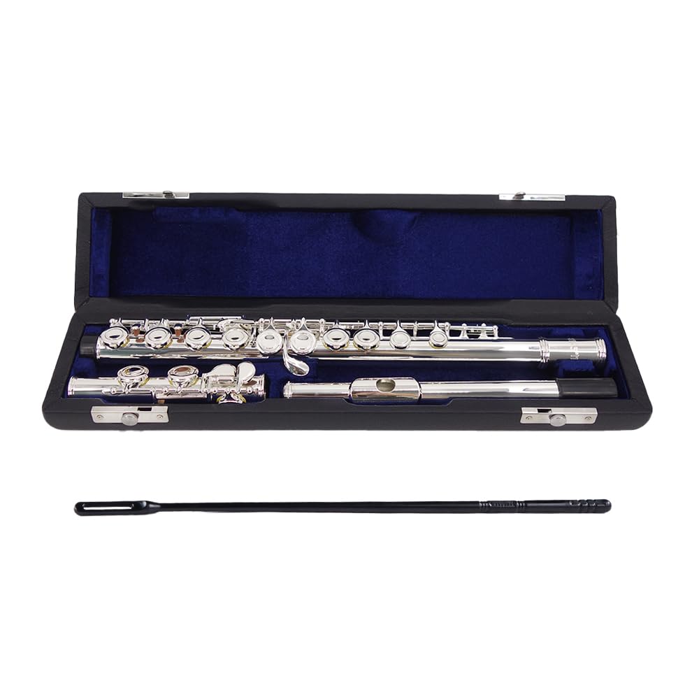 YANASON C Flute Closed Hole 16 Keys Flute Silver-plated for Beginner, Adults,Student with Leather case, Metal stand, Gloves, Tuning Rod, Cleaning kit(16 Silver)