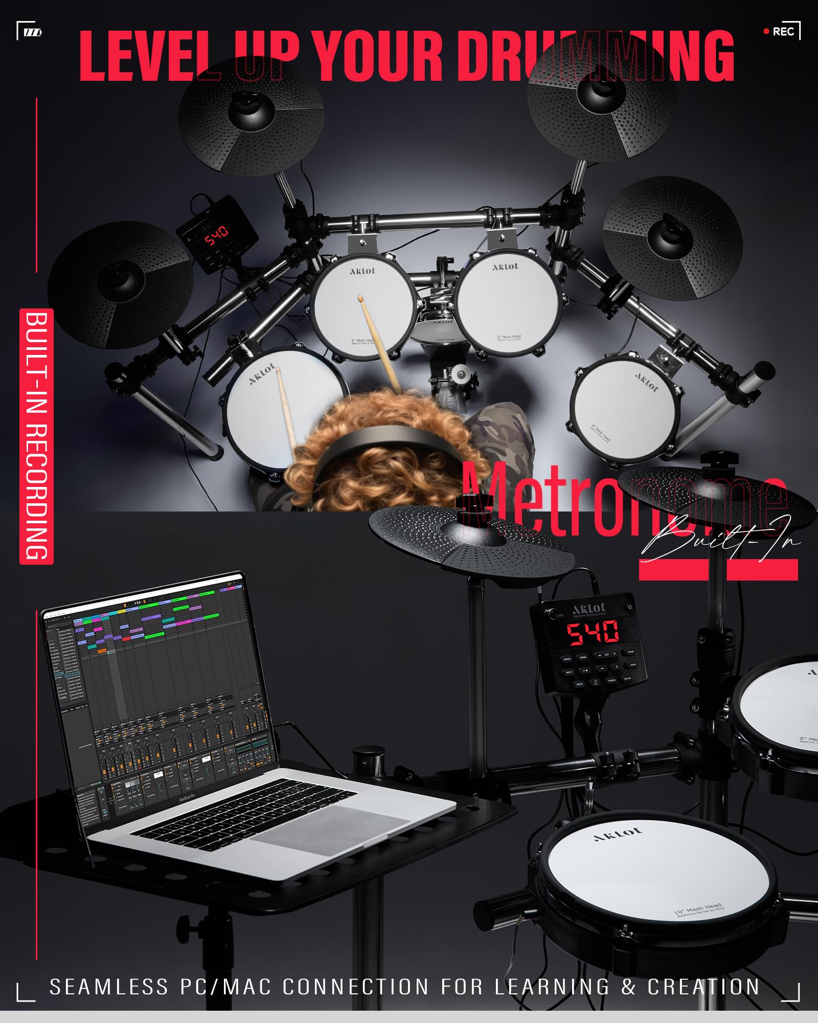 AKLOT Electric Drum Set with Kick-Tower: 4 Dual Zone Mesh Pads, 8’’ Tower-Style Kick Drum, 10’’ Snare, Dual Zone 10’’ Cymbals with Choke, 360 Sounds, User Kit, USB-MIDI, Throne, B-CORE 540 Air, Silver
