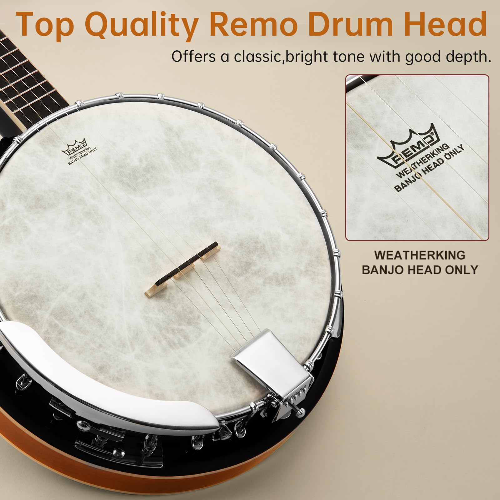 Banjo, Kmise 5 String Beginner Banjo 38 inch Full Size with Remo Head Closed Back with Removable Resonator, Tuner, Strings, Finger Picks, Strap, Bag, Accessories Set Gift Choice for Adults Beginner