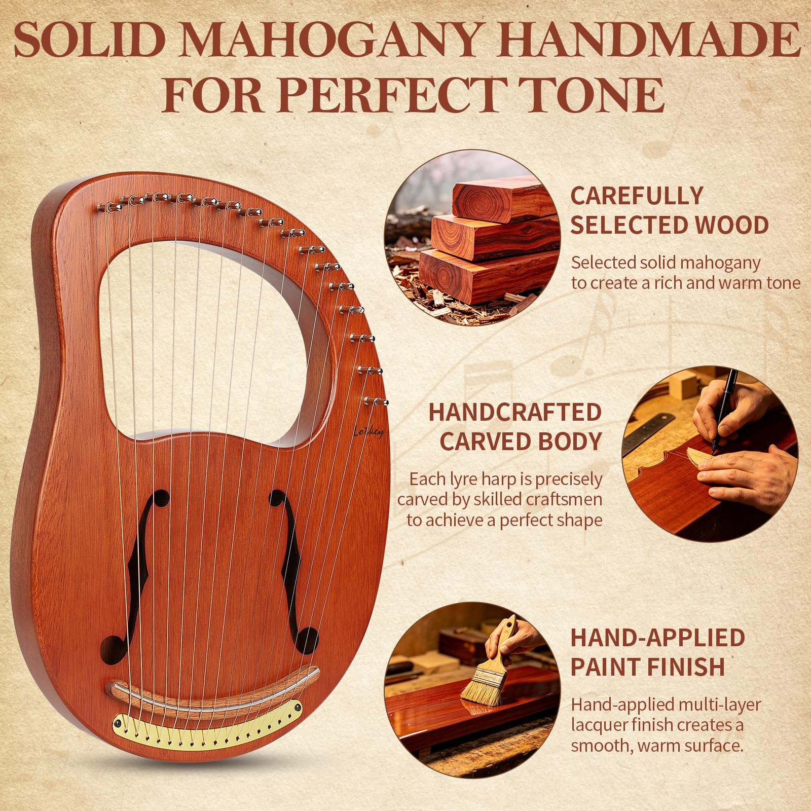 Lotkey Lyre Harp,16 Metal Strings Iron Saddle Mahogany Lyre Harp with Tunning Wrench, Extract Strings, Manual and Gig Bag