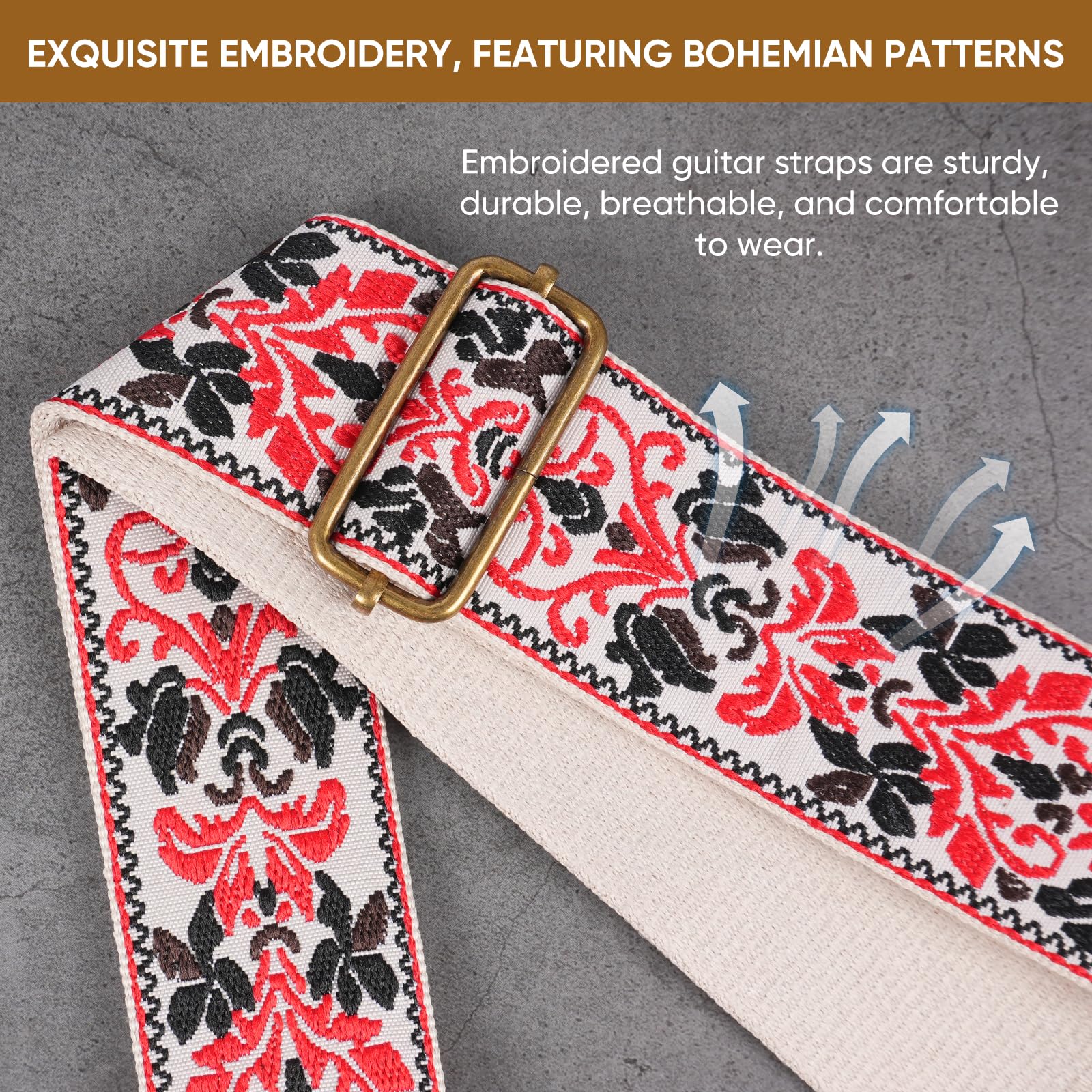 Guitar Strap,Jacquard Cotton Guitar Straps with Real Leather Ends for Acoustic,Electric Guitars and Bass,with Free 1 Head strap, 2 Anti Slip Buckle and 3 Guitar Picks (GS-75-5 Meter red jacquard)