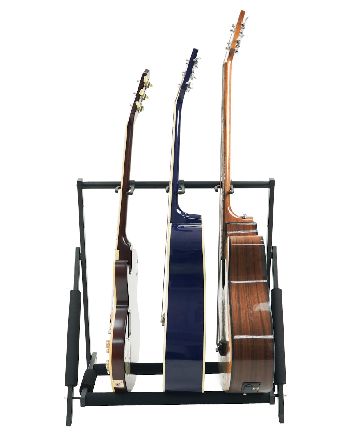 Stage Rocker Multi Guitar Stand, Foldable 3 Holder Rack with Adjustable Height & Width, Easy Assembly & Storage, Reliable Soft Foam Padding to Protect Acoustic or Electric Guitars & Basses, Black.