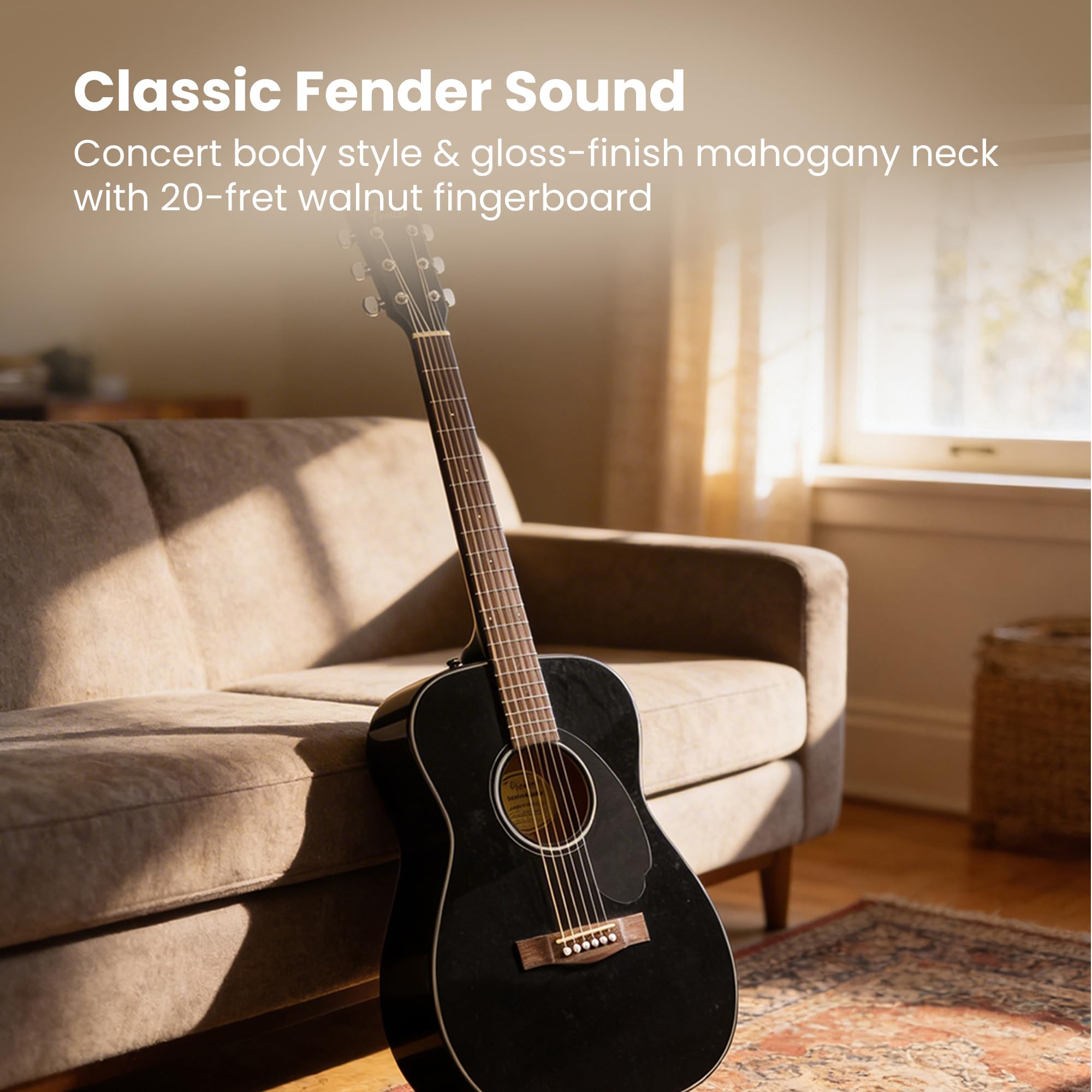 Fender CC-60S Concert Acoustic Guitar – Natural Bundle with Gig Bag, Tuner, Strap, Strings, Picks, Austin Bazaar Instructional DVD, and Polishing Cloth