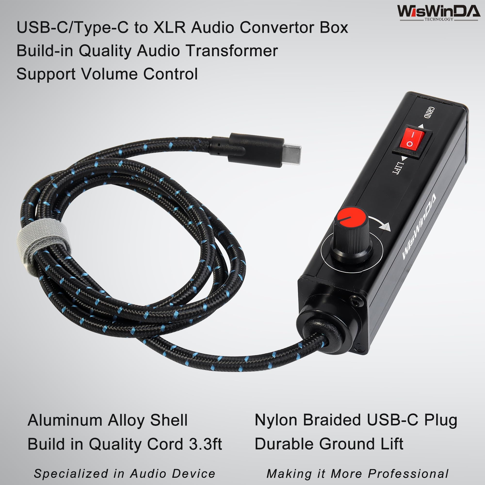 WisWinDa Pro101C Type-C/USB-C to XLR Isolation Box with Volume Controller and Ground Lift Switch Build-in Cord Length 3.3ft with USB-C Plug (Pro 101C)