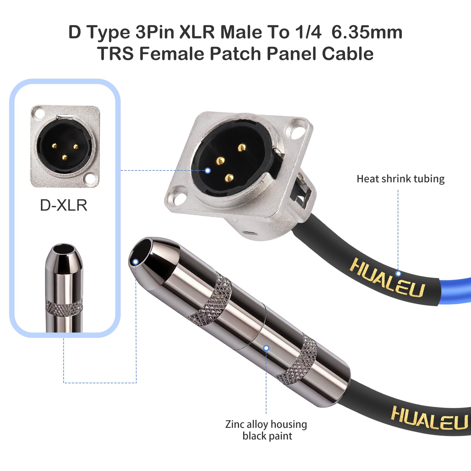 HUALEU 2FT 1/4 Female to XLR Pass Through Cable,D Type 3Pin XLR Male to 6.35mm TRS Female Patch Panel, Floor Box Audio cable-20AWG Silver-Plated Copper Conductor,Included with mounting screws-2Pack