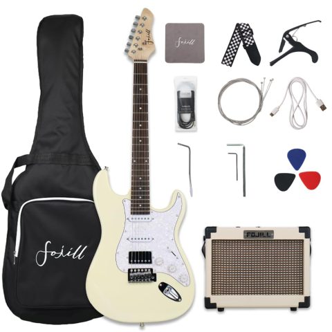 Fojill HSS Pickup 39 Inch Full Size Electric Guitar Kit Set Beginner Starter Combo Package Bundle 10W Battery Power Bluetooth Amp Accessory Bag,Picks, Cable, Strap, Extra Strings (FSTK-60, Cream)