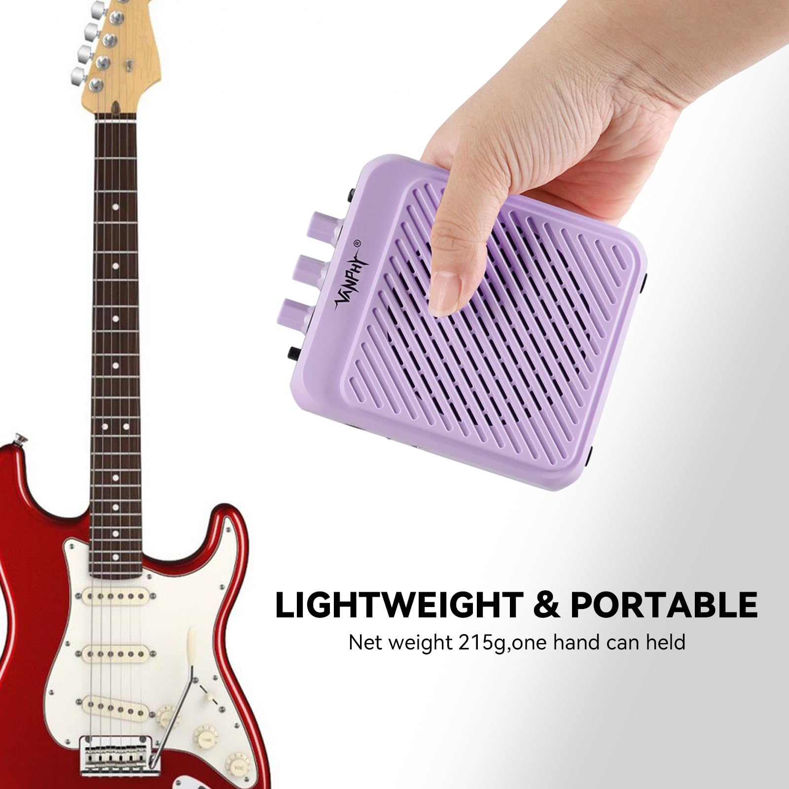 VANPHY Mini Electric Guitar Amplifier 3W Rechargeable Bluetooth Guitar Amp with Clean Overdrive Channel 5H Working Portable Small Amp for Indoor Practice and Traveling AG-03N Purple
