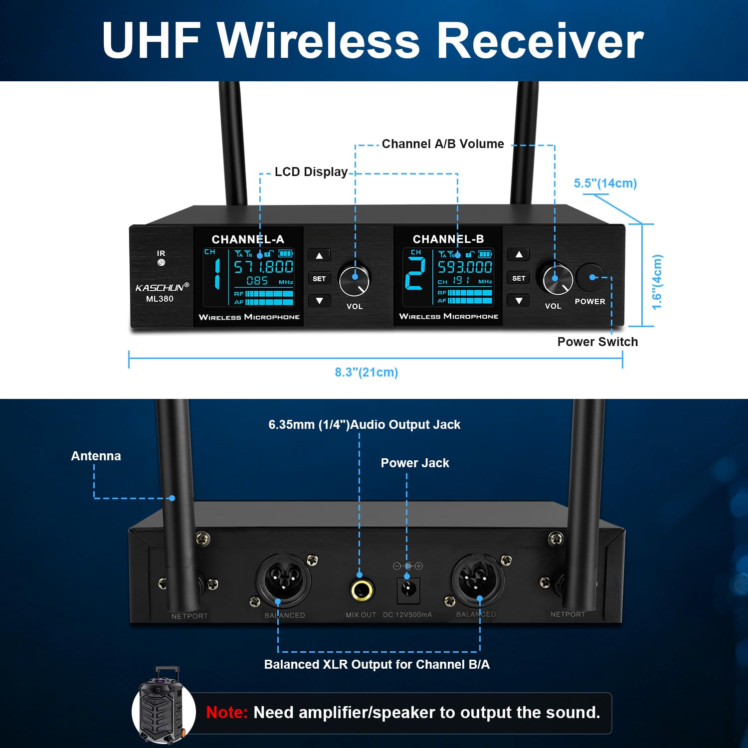 Kaschun Dual UHF Auto Scan Handheld Wireless Microphone System