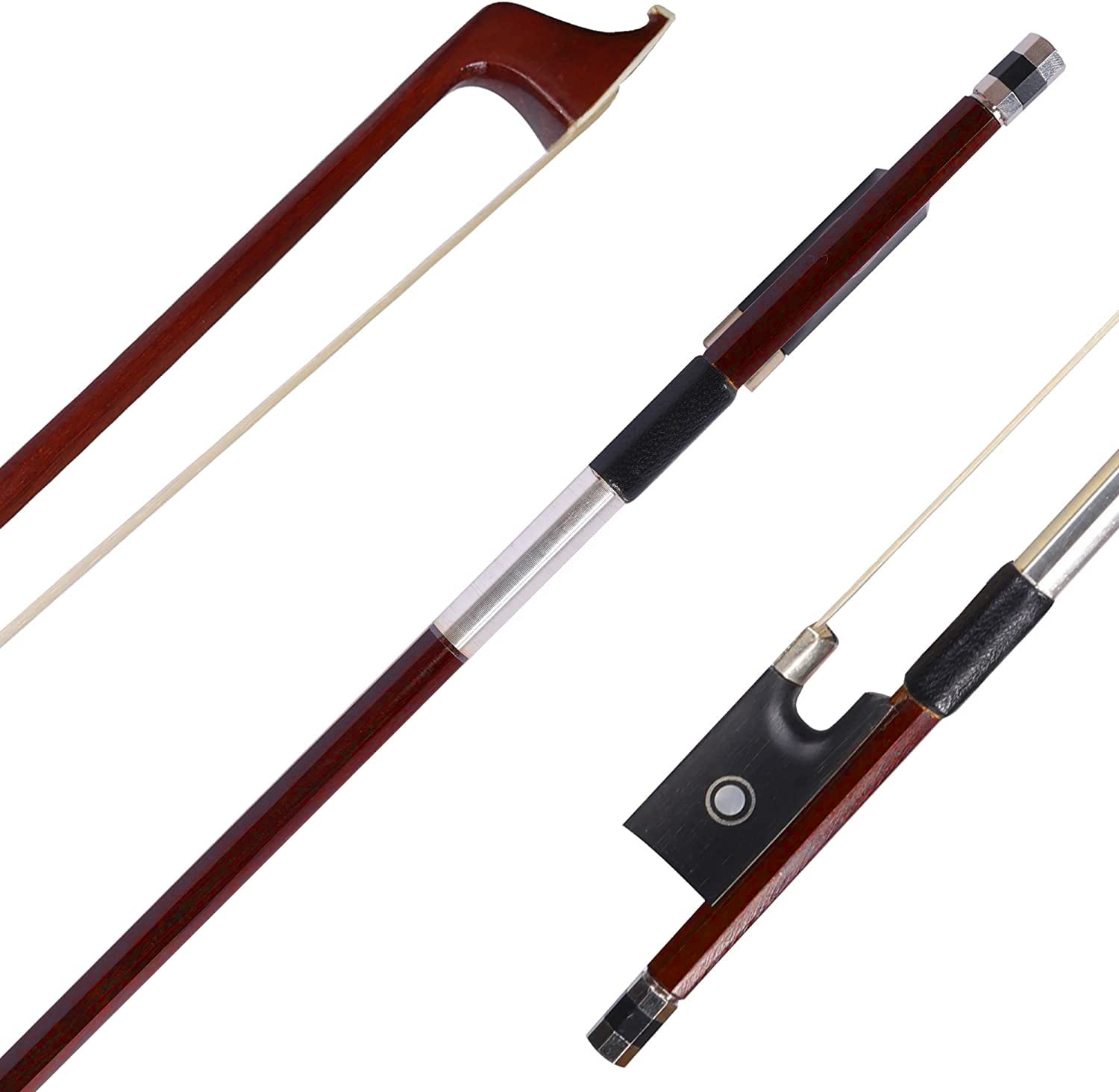 ADM 3/4 Size Student Violin Bow, Well Balanced Handmade Brazilwood Bow with Horsehair, Ebony Frog with Pearl Eye and Pearl Slide, Brown