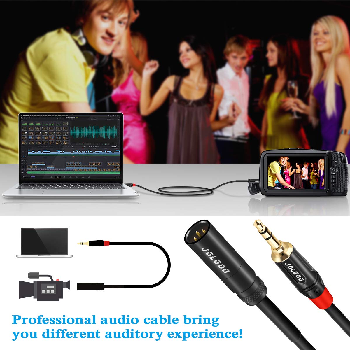 JOLGOO Mini XLR Male to 3.5mm Stereo Audio Plug Cable, 3-pin Mini XLR Male to 1/8″ TRS Plug Cable, for BMPCC 4K Camera Video Assist 4K Sharp 8K, 3.3 Feet