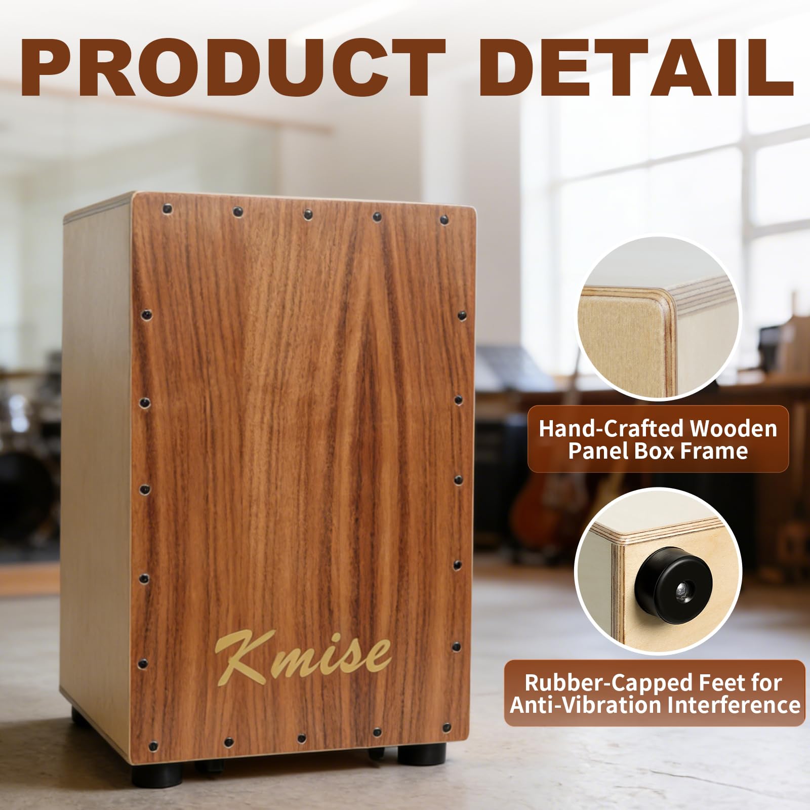 Kmise Portable Cajon Drum Box, 11.8×12.2×19″ Adjustable Snare Cajons Drums, Solid Acacia & Birch Wood, Percussion Instrument Gift for Adults Kids, With Carry Bag,for Home Live Performance Practice