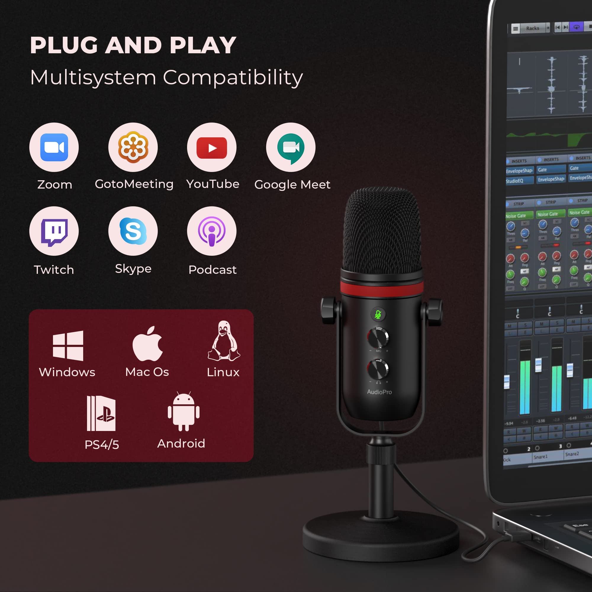 AUDIOPRO USB Microphone, Computer Condenser Gaming Mic for PC/Laptop/PS4/5.