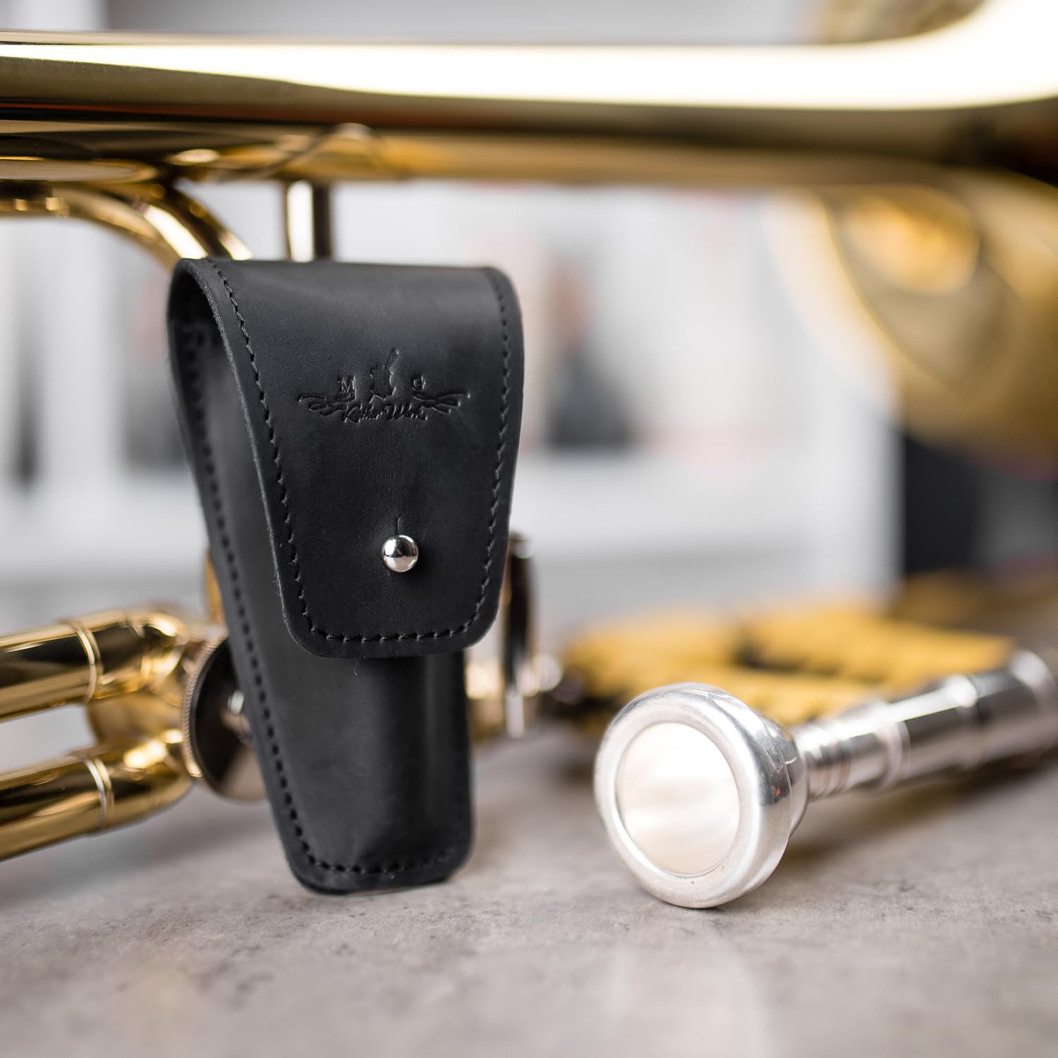 MG Leather Work Trombone/Euphonium Mouthpiece Holder. Genuine Leather Single Pouch. Black