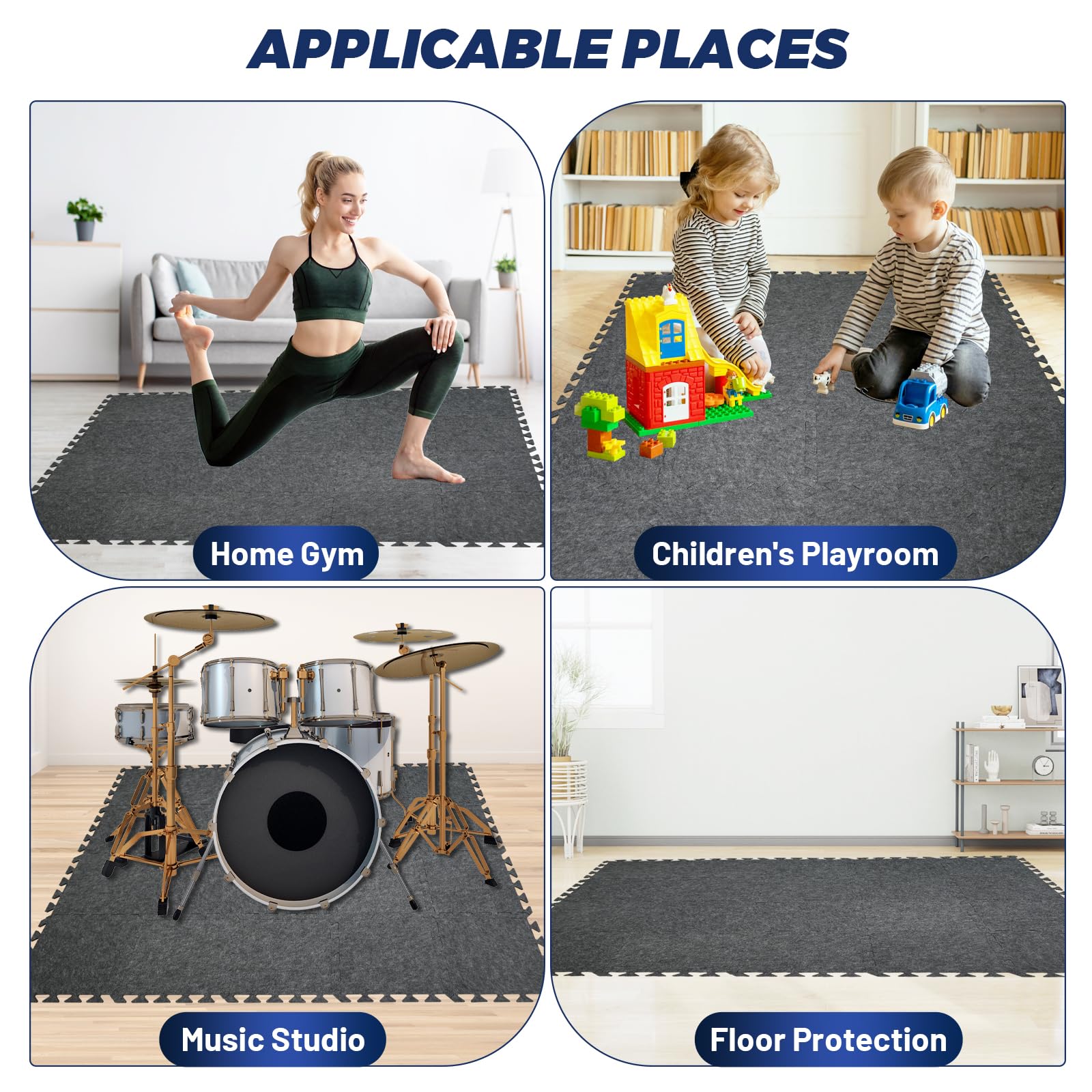 Focusound 20Pcs Sound Absorbing Interlocking Drum Rug, 11.8 x 11.8 x 0.4 inches High Density Soundproof Floor Mats, Non-Slip Anti Vibration Piano Carpet Drum Mat for Music Studio, Grey