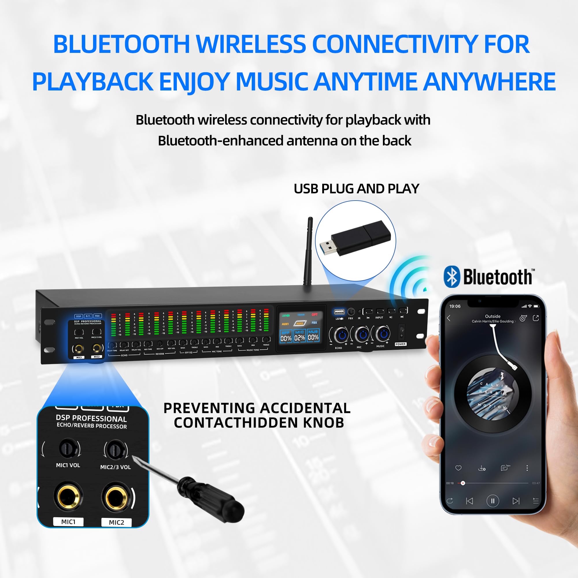FULODE K-6 Professional KTV Digital pre-stage Effector Anti-howling Audio Processor Karaoke Mixer Reverberator with DSp effect echo USB MP3 Bluetooth optical.4 microphone input With remote control