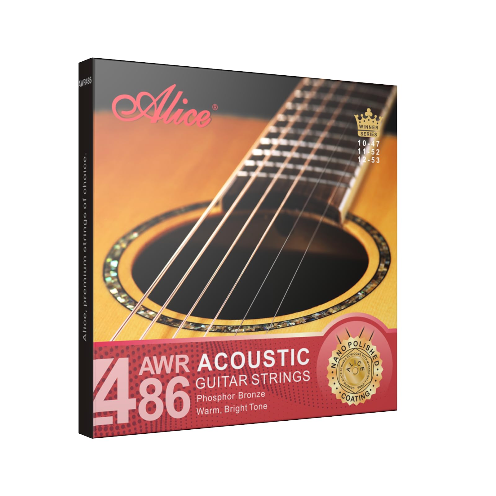 Alice Acoustic Guitar Strings 6 String Set, Phosphor Bronze, Warm & Bright Tone, 12-53 Light Gauge, 1 Pack AWR486-L