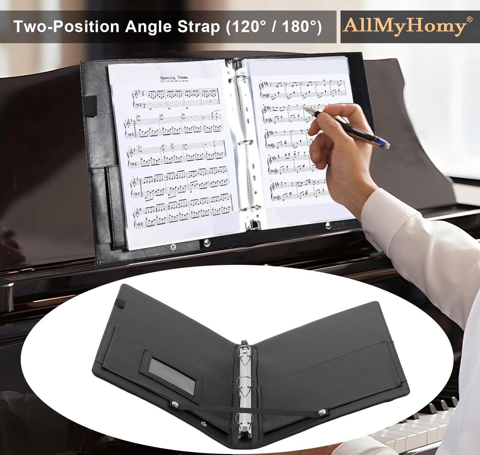 AllMyHomy Sheet Music Binder 3 Ring for Choir, Choral Music Folder with Hand Strap & Pockets, Organizes Letter Size 8.5″ x 11″ & A4 Sheets, Organizer for Performances,Concerts & Band, Black