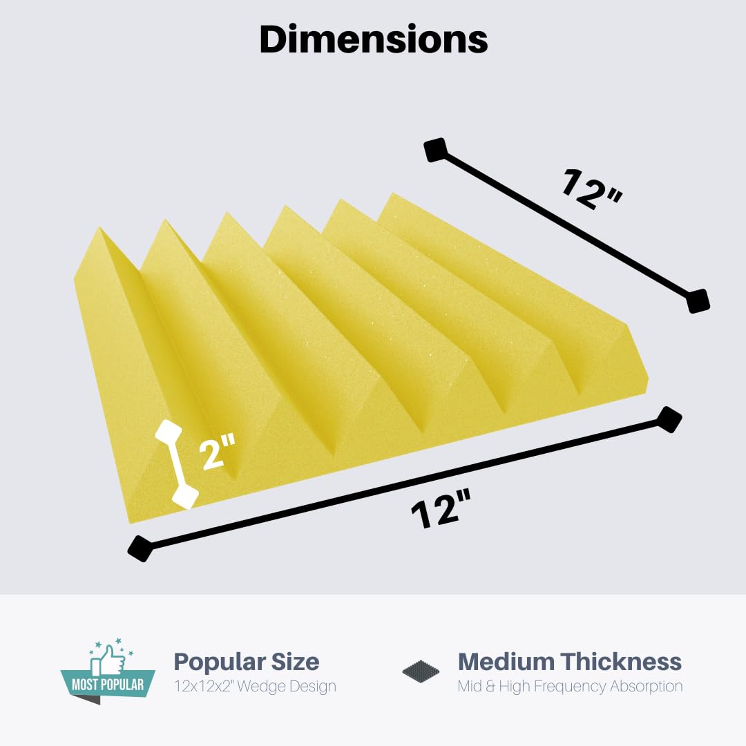 Soundproofing Acoustic Studio Foam – Yellow Color – Wedge Style Panels 12”x12”x2” Tiles – 4 Pack