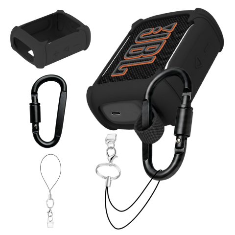 (3 in 1) Orzero Silicone Cover Compatible for JBL Go 5 Waterproof Bluetooth Speaker, Lanyard Dust Plug and Twist-Lock Carabiner for Camping Hiking (Black)