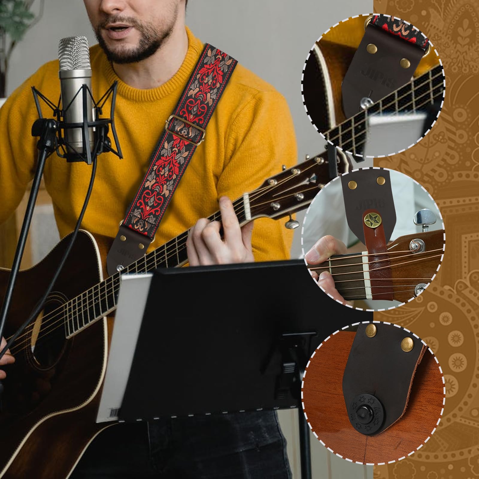 Guitar Strap,Jacquard Cotton Guitar Straps with Real Leather Ends for Acoustic,Electric Guitars and Bass,with Free 1 Head Strap, 2 Anti Slip Buckle and 3 Guitar Picks (GS-75-1 Deep Red Jacquard)