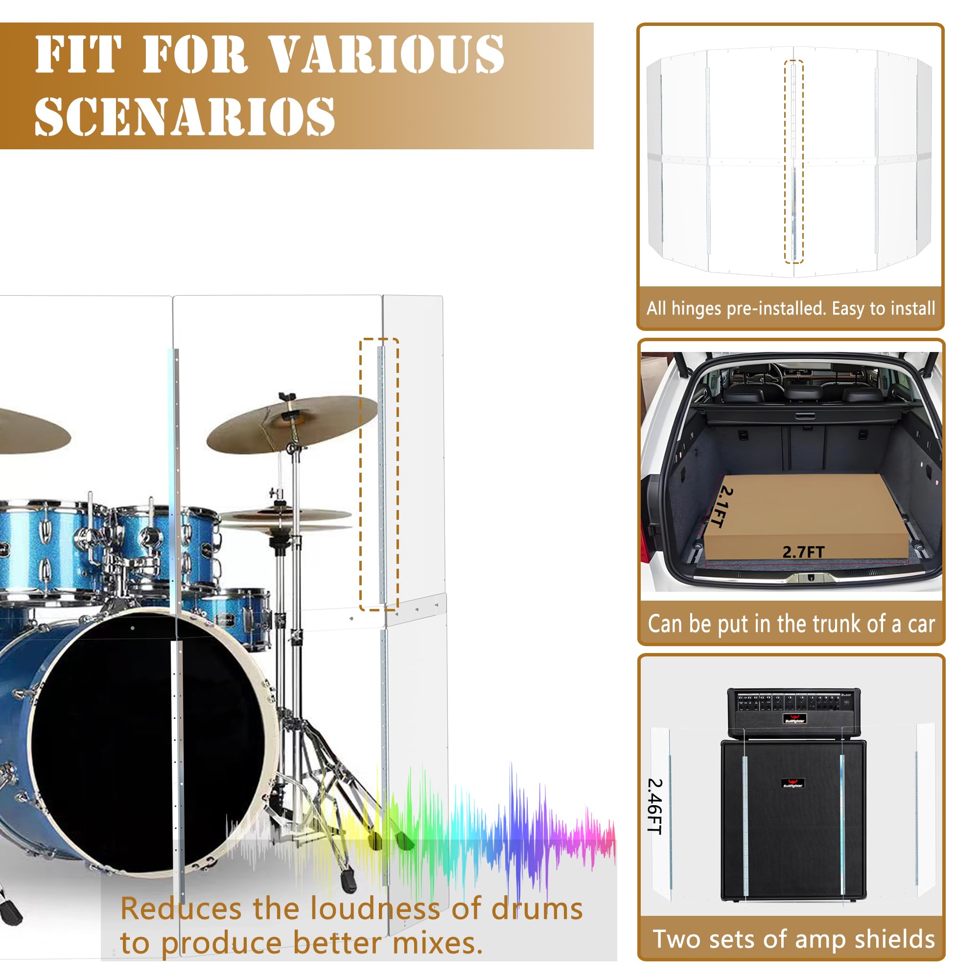 Portable Drum Shield | 6 Panels 2ft x 5ft | Factory-Installed Full-Length Stainless Steel Hinges | Acrylic Drum Sound Barrier | Cage for Church (6 Panels)