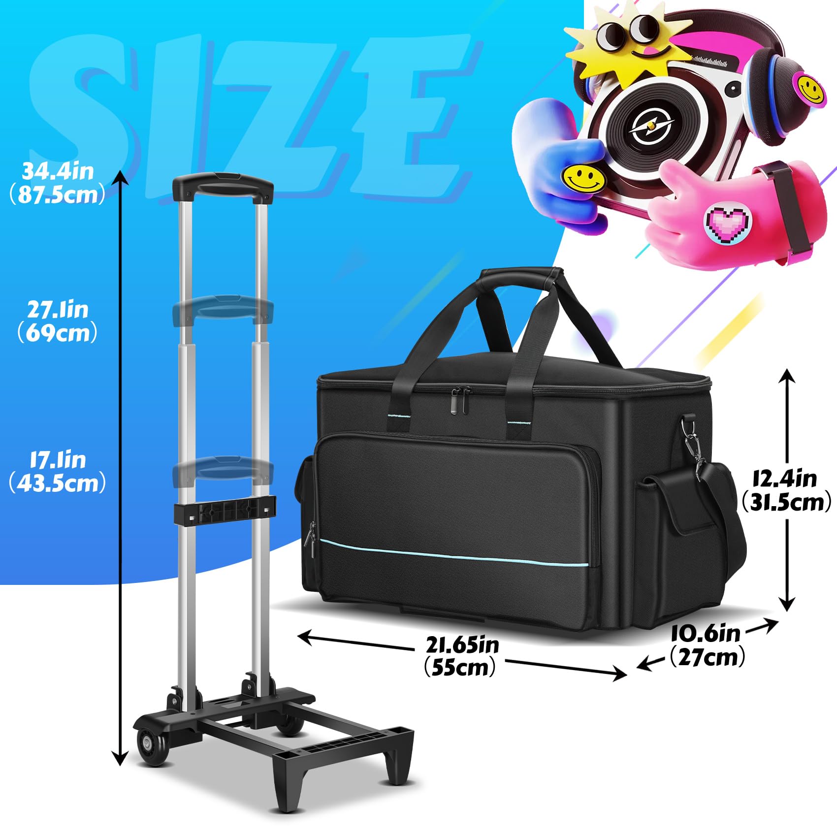 DJ Cable Bag, Rolling DJ Cable Bag with Detachable Trolley & Dividers