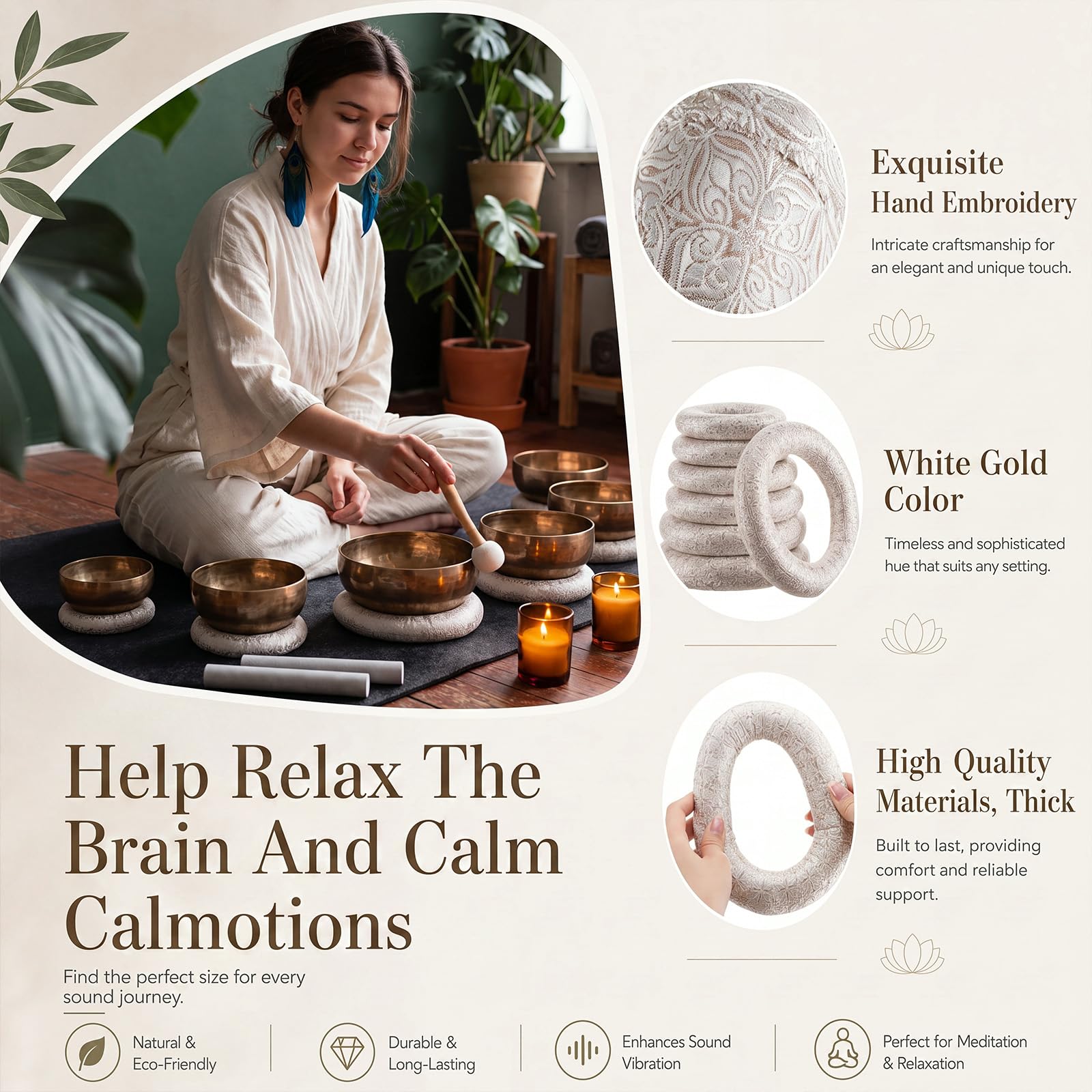 Fiada Singing Bowl Cushion Set, 7 Silk Rings & 3 Mallets, 6-12″, Silver