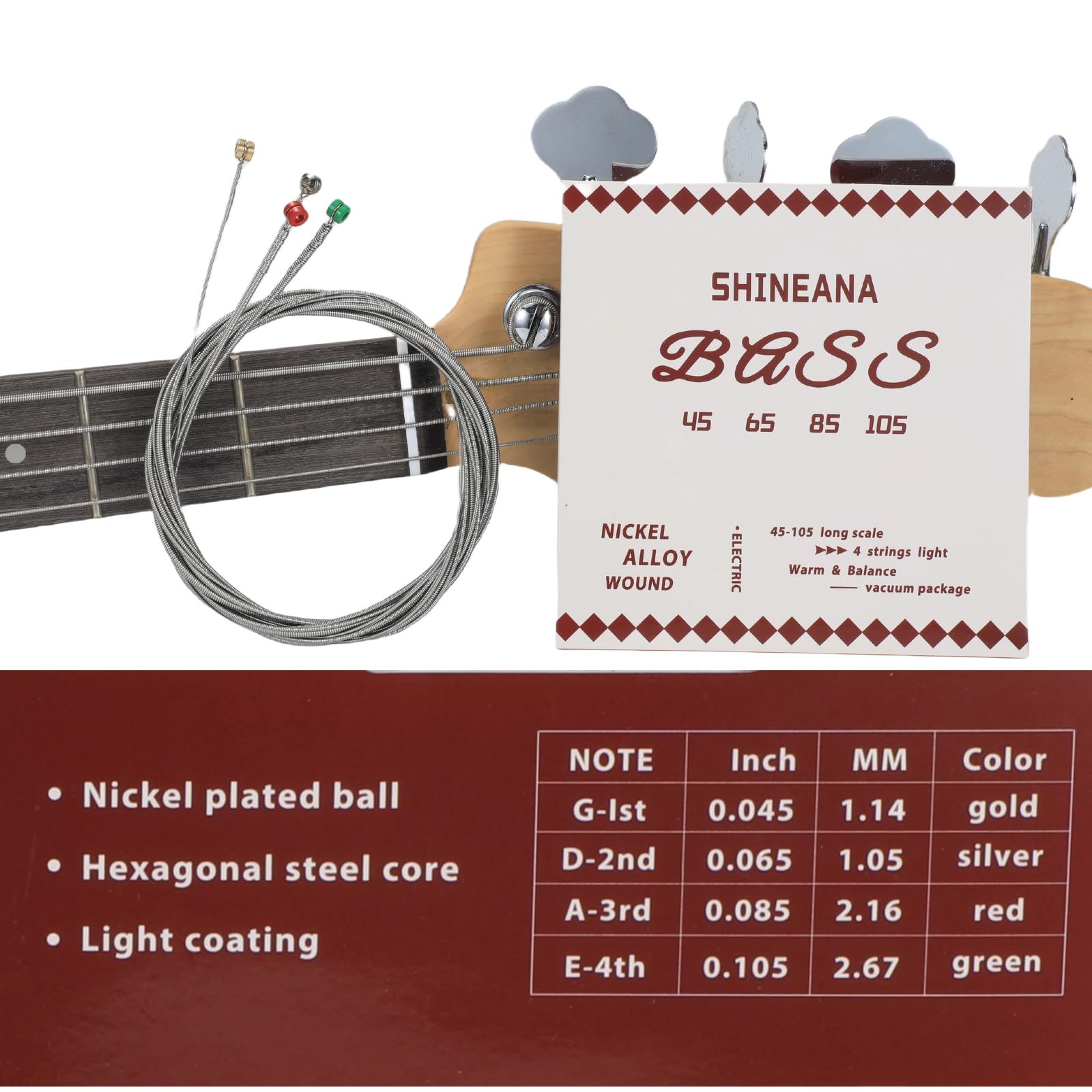 4-String Electric Bass Strings – Nickel Alloy Wound with German Hex Steel Core | Full Coated for Longevity | Vacuum Sealed (45-105 Medium) | Smooth Feel & Warm Tone (Light-coating)