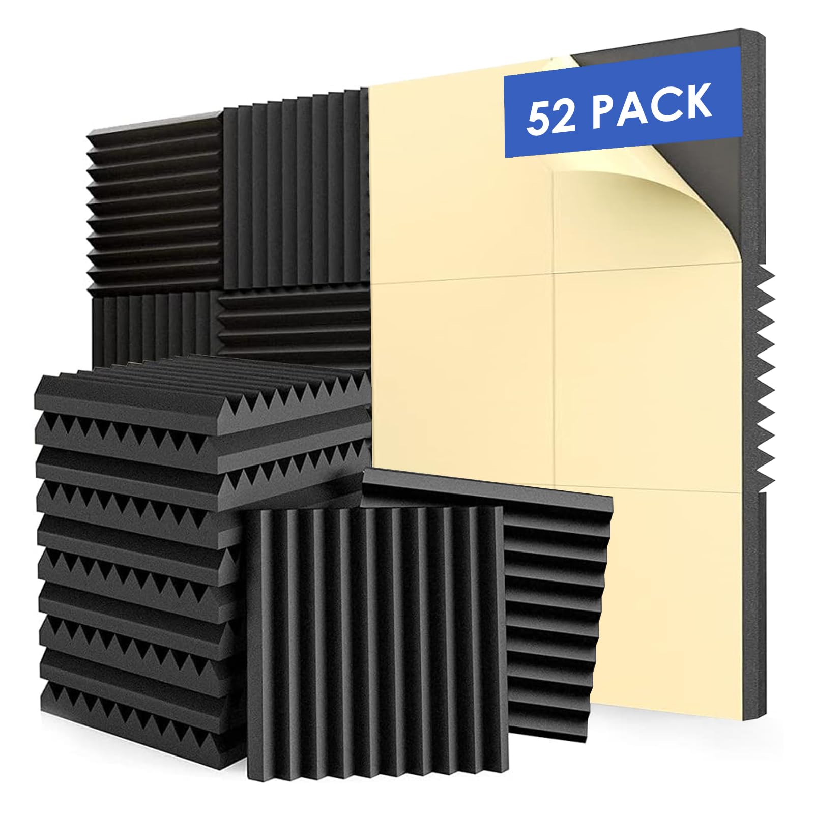 FONESO 52 Pack 1″×12″×12″ Wedge Acoustic Foam Panels, High Density Soundproof Noise Cancelling Sound Absorbing Panels with Adhesive for Home Office Recording Studio