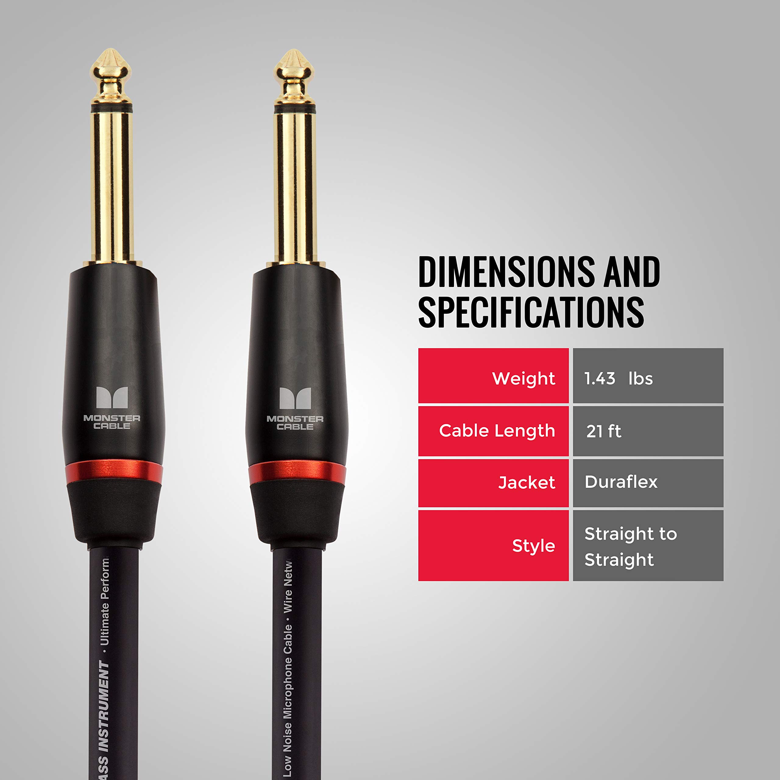 Monster 21 ft Straight to Straight Bass Guitar Cable. 95% Copper Braided Shield. Bass Guitar Amp Cord