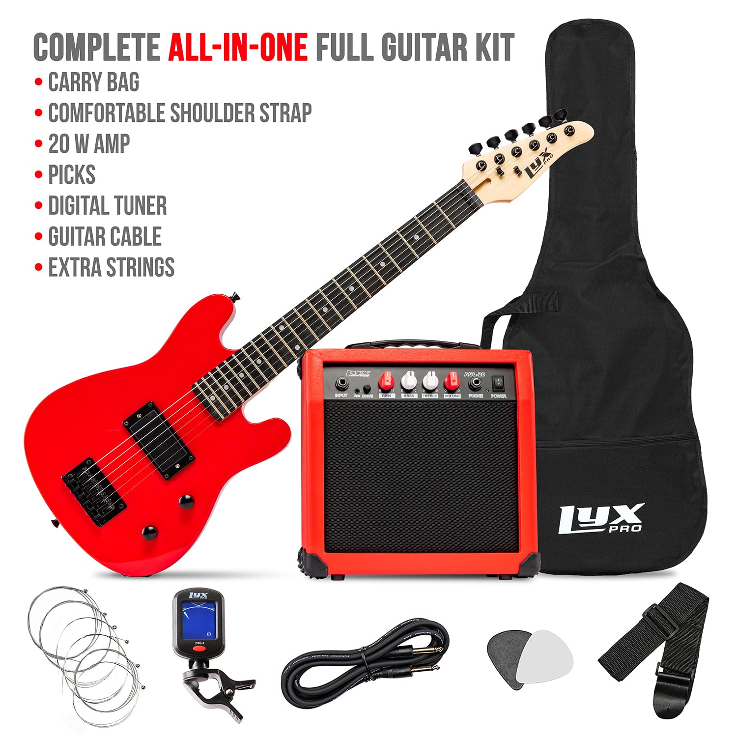 LyxPro 30 Inch Electric Guitar and Starter Kit for Kids with 3/4 Size Beginner’s Guitar, Amp, Six Strings, Two Picks, Shoulder Strap, Digital Clip On Tuner, Guitar Cable and Soft Case Gig Bag – Red