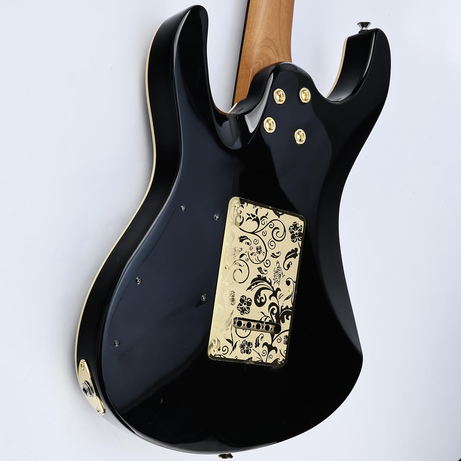 OVSAL Stainless Steel Guitar Back Plate 6 holes Engraved Metal Trem Tremolo Cover Electric Guitar Back Cover Plate Compatible with USA/Mexican Standard FD Strat ST Replacement Parts (Gold)
