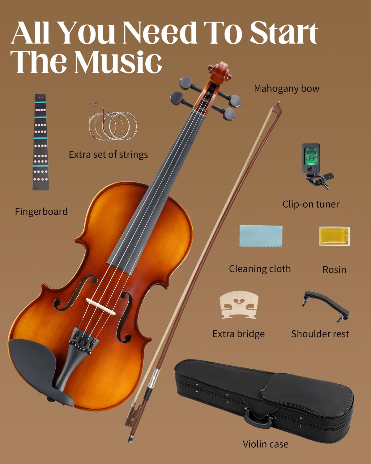 Ktaxon 4/4 Violin Solid Wood, Full Size Acoustic Fiddle Set (Gloss)