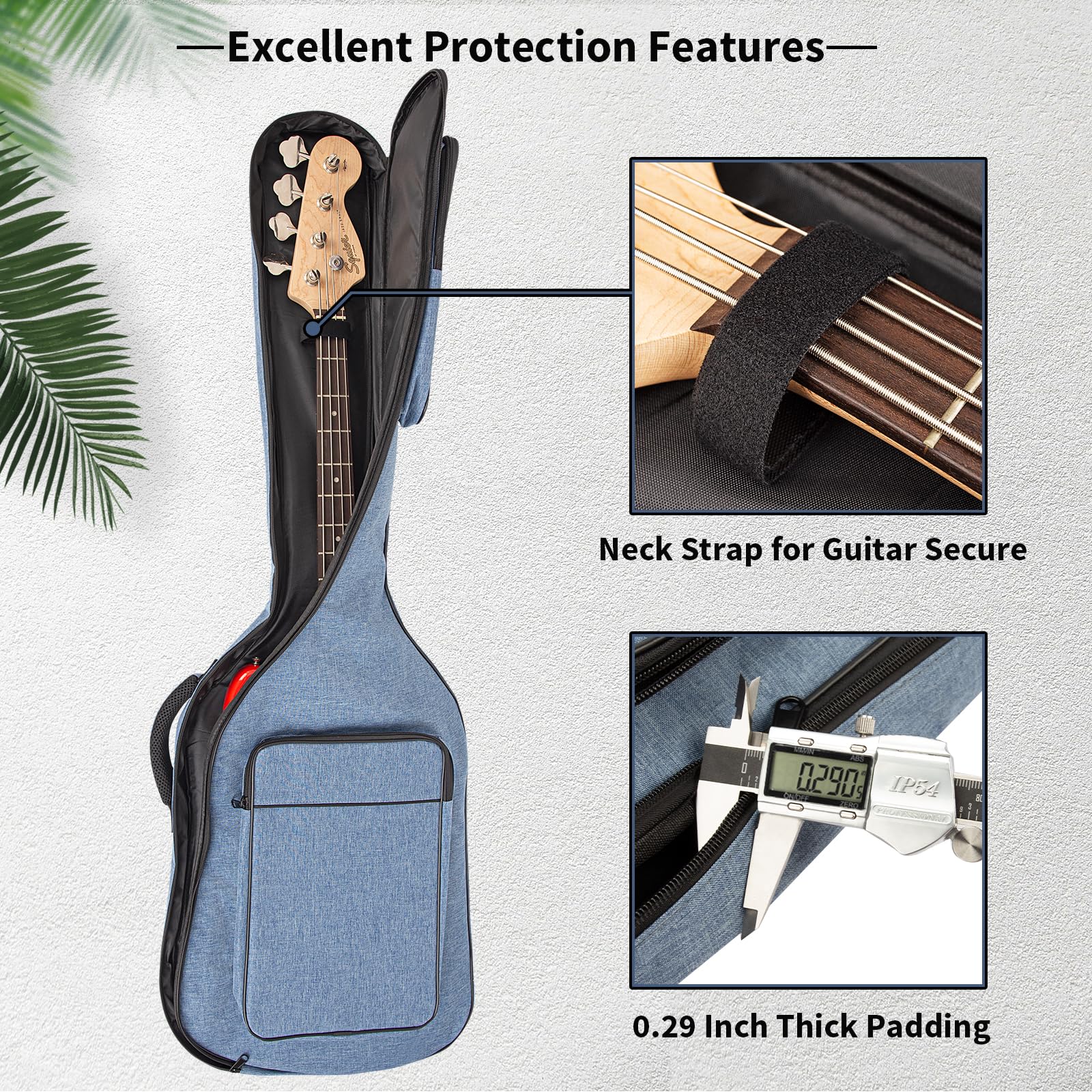 MUZTOP Bass Guitar Bag, 7MM Padding Bass Guitar Gig Bag Padded Soft Electric Bass Guitar Case Backpack with Pockets, Blue