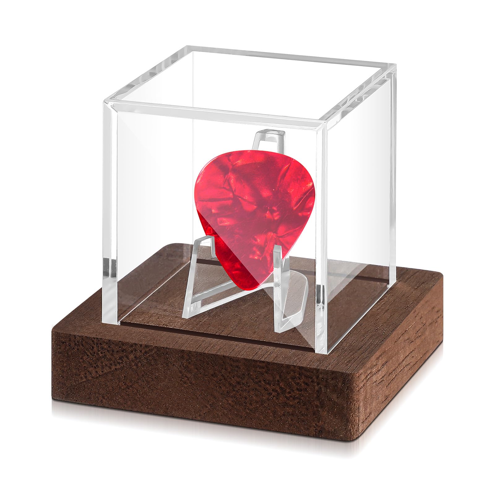 DoubleFill 1 Pcs Acrylic Guitar Pick Display Case with Wooden Base, Walnut