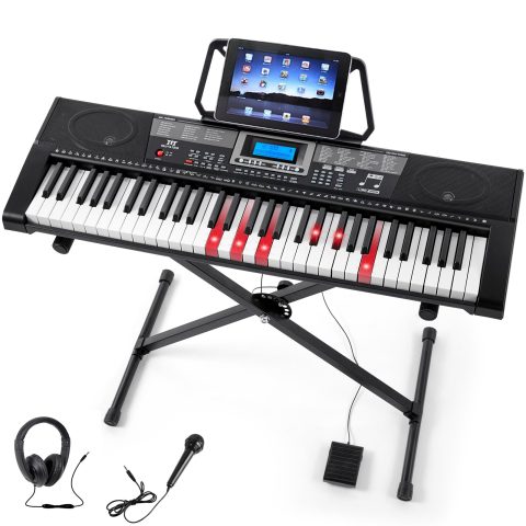 MUSTAR Piano Keyboard, 61 Key Keyboard Piano with Lighted Up Keys, Electric Piano Portable Piano Keyboard for Beginners with Stand, Sustain Pedal, Headphones, Microphone