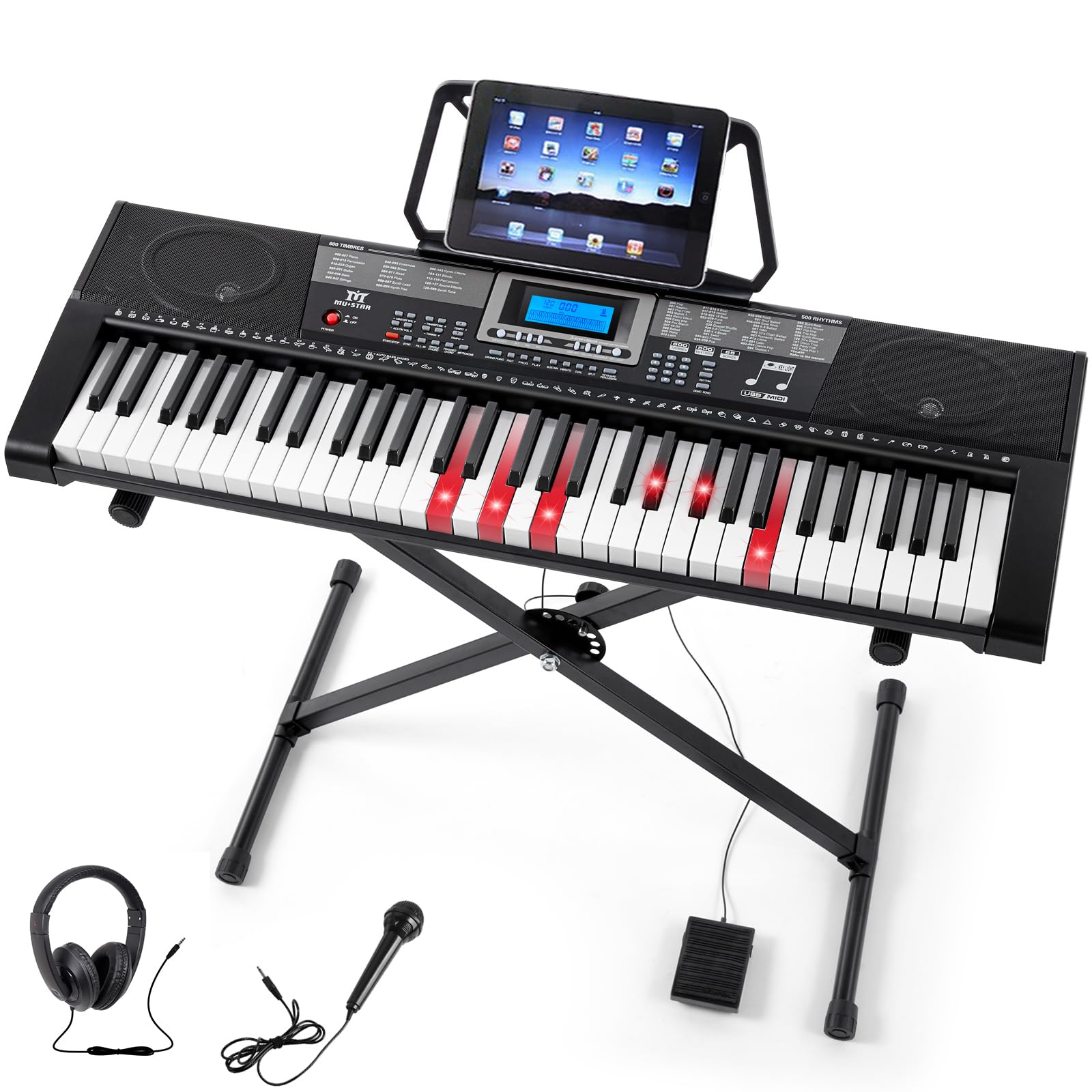 MUSTAR Piano Keyboard, 61 Key Keyboard Piano with Lighted Up Keys, Electric Piano Portable Piano Keyboard for Beginners with Stand, Sustain Pedal, Headphones, Microphone