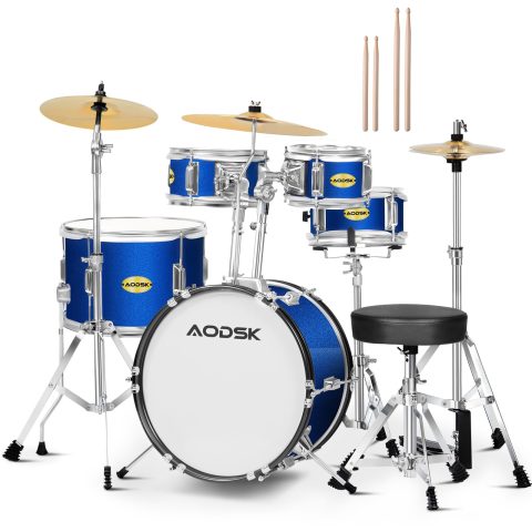 AODSK 5-Piece 14″ Jr. Drum Set, Complete Kit with Throne, Cymbals & Sticks