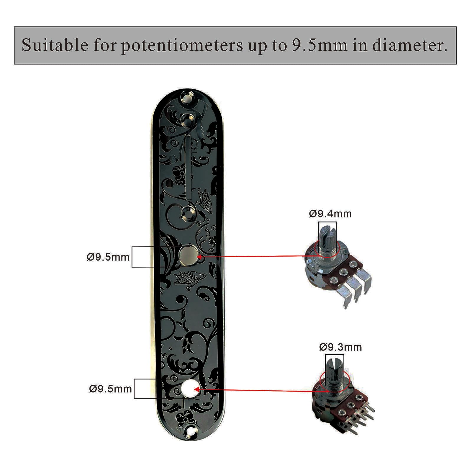 OVSAL Stainless Steel Engraved Telecaster Control Plate 2-Hole Mount 9.5mm (3/8″) CNC Electric Guitar Control Plate Compatible with Most Fender Tele Style Guitar Replacement Parts(Black)