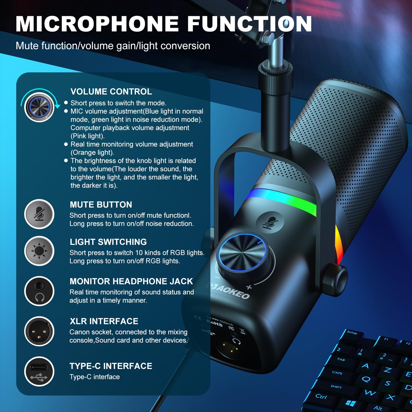 Aokeo AK-10 USB Gaming Microphone with mic arm, Condenser Microphone for PC/MAC/PS4/PS5/Phone-Cardioid Mic with RGB Lighting(White)