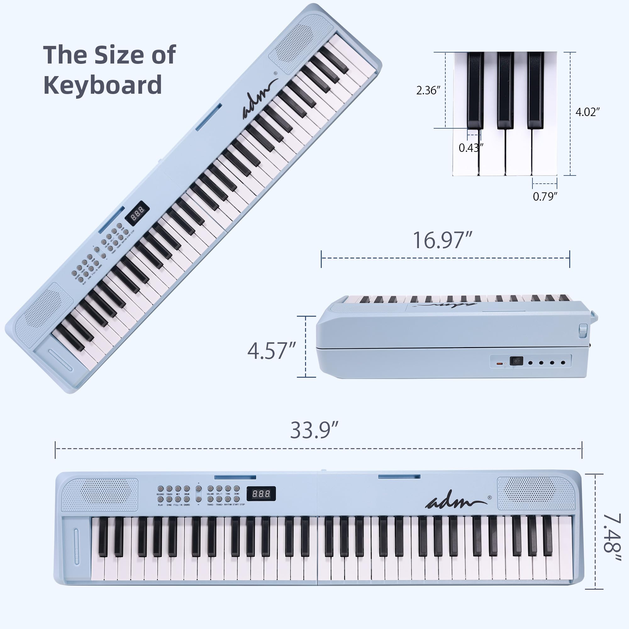 ADM 61 Key Folding Electric Piano Keyboard, Foldable Piano Electronic Keyboard, Wireless 128 Tones, 128 Rhythms Includes Pedal, Gig Bag, Headphones for Beginners, Students, Adults (Blue)