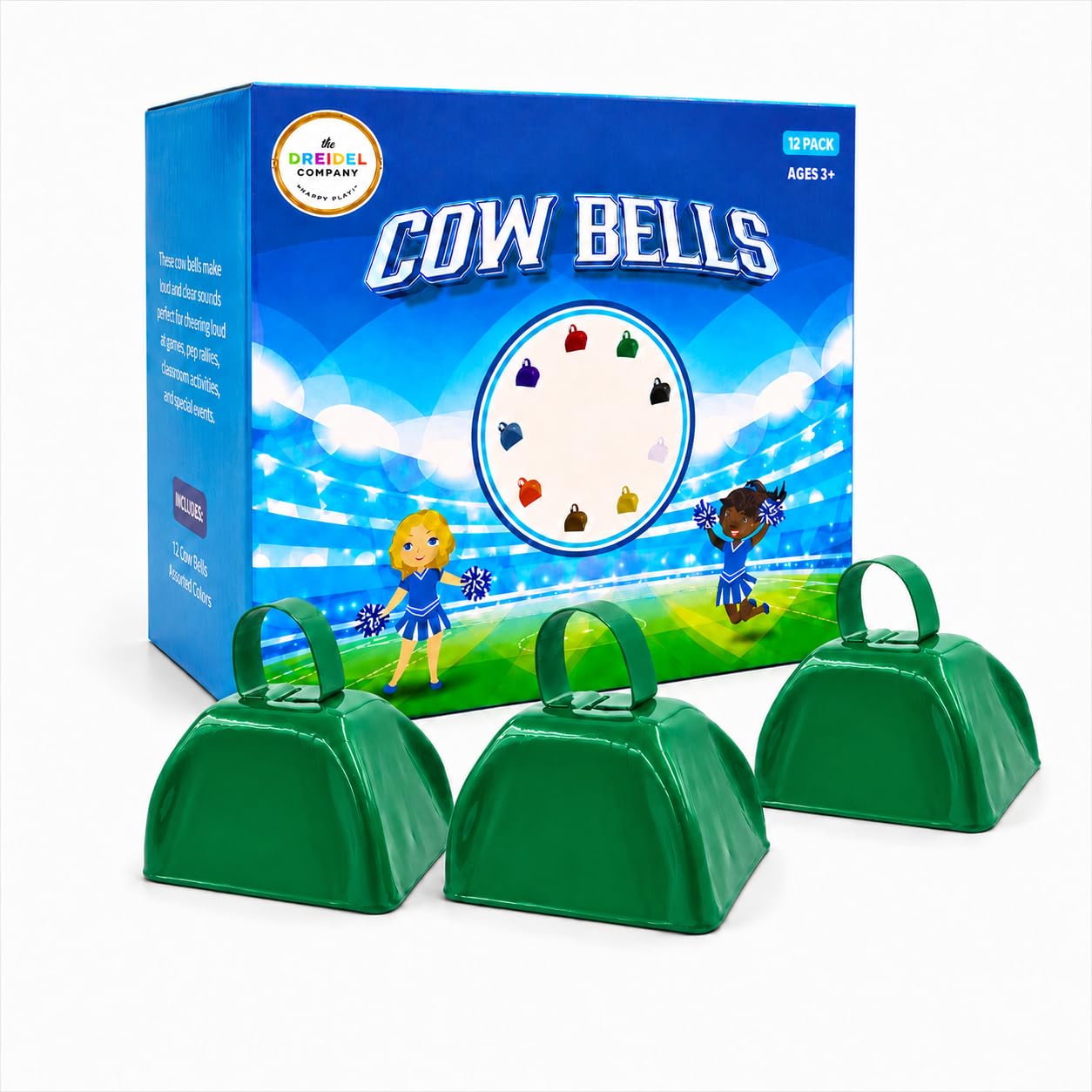 The Dreidel Company Green Metal Cowbell Noisemaker Cheering Bell, New Years, School Classroom, Wedding Bells & Chimes Percussion Musical Instruments Call Bell Alarm, 3″ (6-Pack)