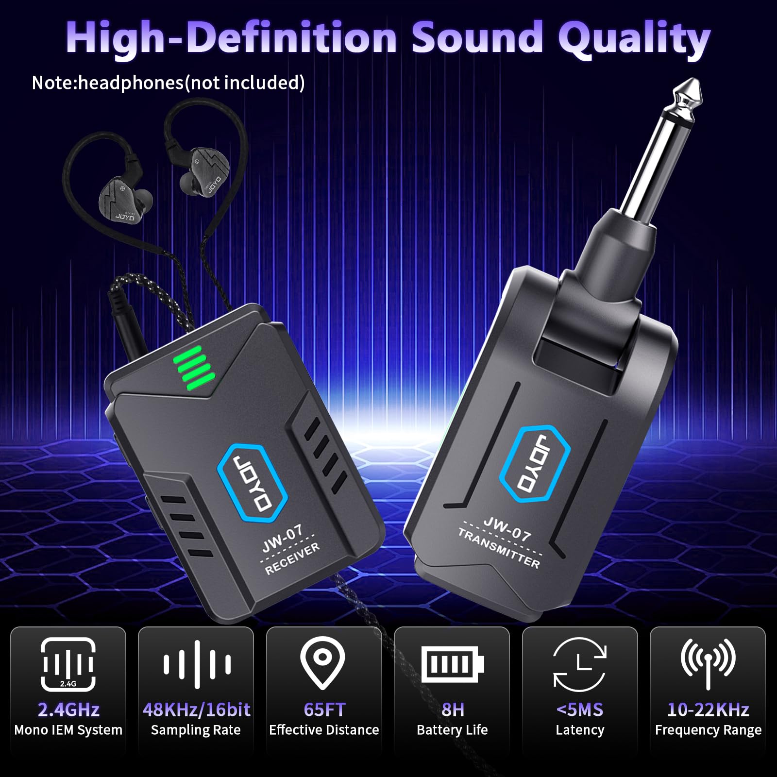 JOYO Wireless in Ear Monitor System Upgraded 2.4G Mono Rechargeable IEM Transmitter Clip on Receiver Auto Pairing for Singer Practice Rehearsal and Small Live Use (JW-07 New Version)